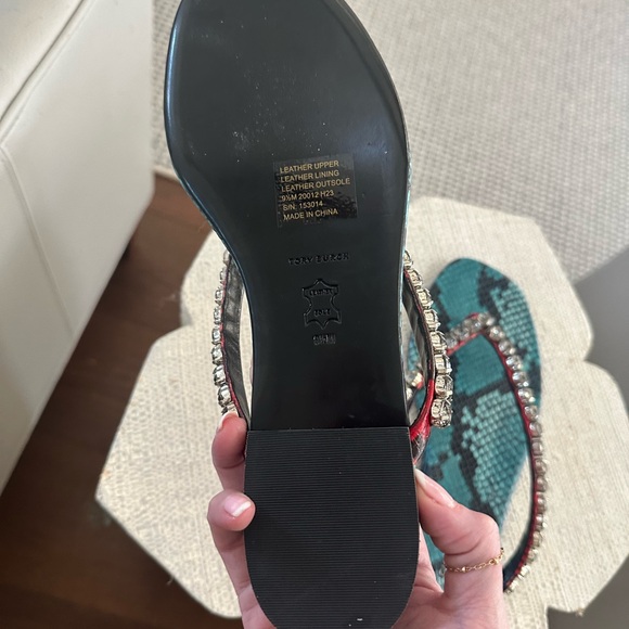 Tory Burch Teal and Black Snake Print Sandals - Picture 4 of 5